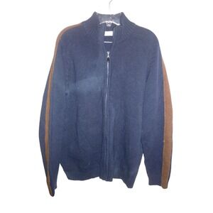 Azzaro Mens XL Full Zip Wool Blend Sweater Navy Blue Brown Stripe Mock Neck